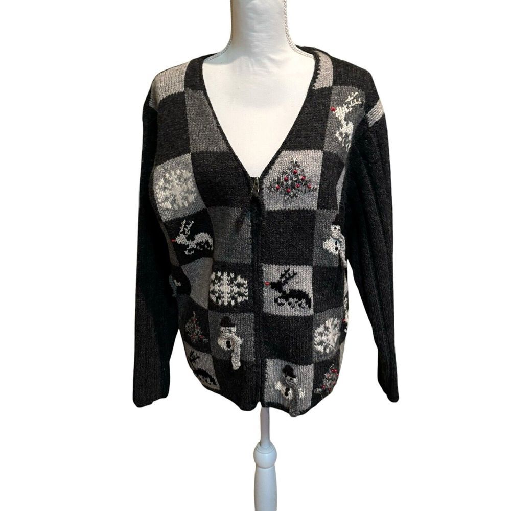 Susan Bristol Grey Christmas Full Zip Wool Vintage Sweater‎ Cardigan Large